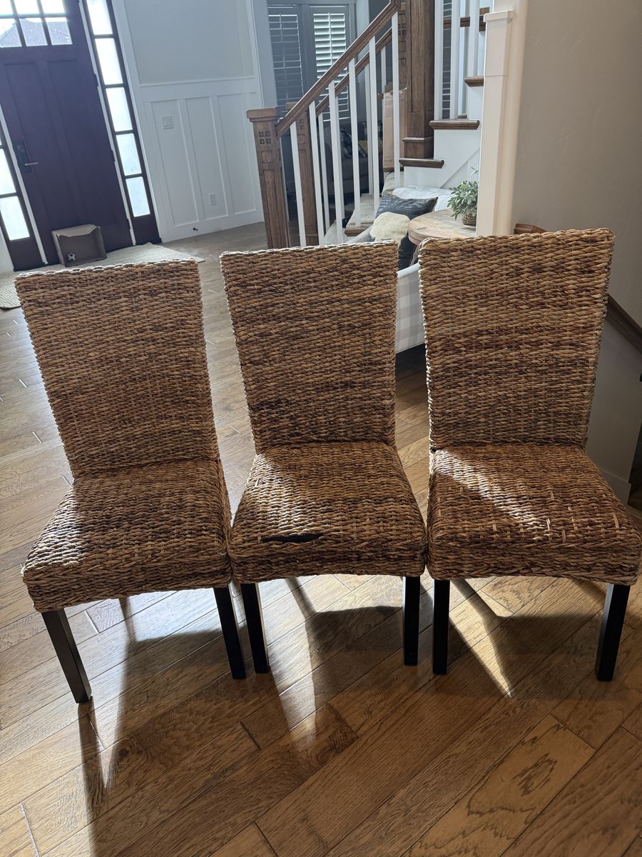 Set of 3 Wicker Dining Chairs - 40" H x 18" W, 16.5" Seat Depth - Good Condition