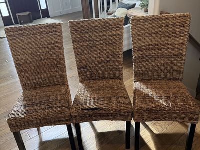 Set of 3 Wicker Dining Chairs - 40" H x 18" W, 16.5" Seat Depth - Good Condition