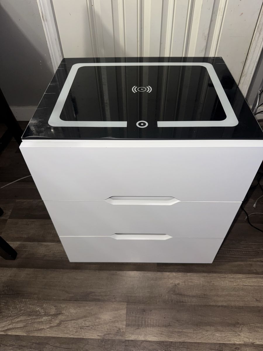 Modern White Nightstand w/ LED Lighting & Wireless Charging, 3-Drawer End Table