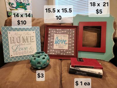 Various home decor, frames, shower curtain, shelf, wreath