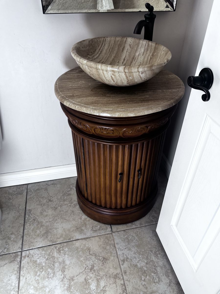 Silkroad Exclusive 24" Round Travertine Stone Bathroom Vanity & Vessel Sink
