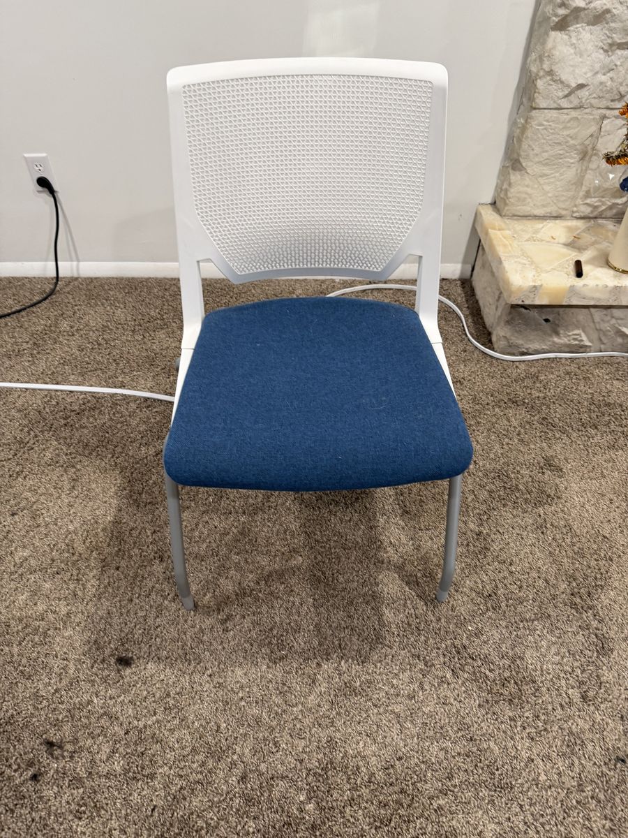 White Frame Chair with Blue Fabric Seat and Mesh Back - Modern Style