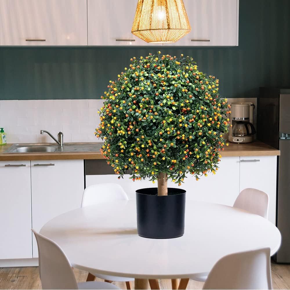 24in Tall Artificial Boxwood Topiary Ball with Orange or White Fruit #96466