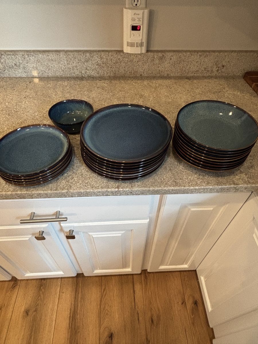 Stoneware Dishes Set - Blue Speckled Plates and Bowls - 40 Pieces, Used Excellent Condition
