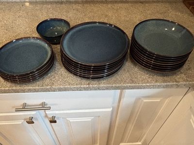 Stoneware Dishes Set - Blue Speckled Plates and Bowls - 40 Pieces, Used Excellent Condition