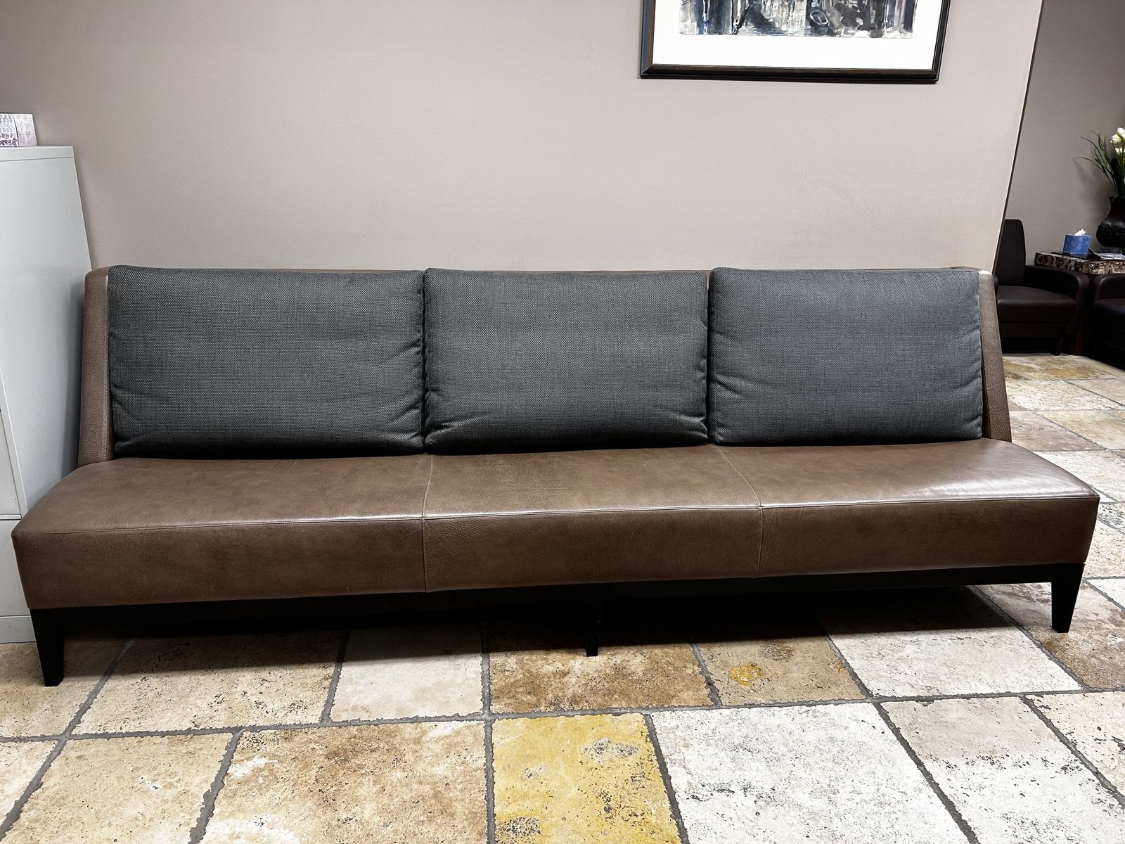 Brown Faux Leather Sofa/Bench 114"L with Gray Cushions