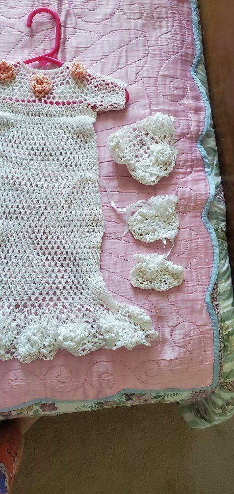 Handmade White Crocheted Baby Dre, Bonnet ss & Booties Set with Peach Floral Accents.