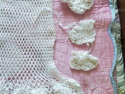 Handmade White Crocheted Baby Dre, Bonnet ss & Booties Set with Peach Floral Accents.
