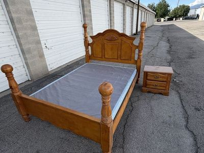 Wooden Spool Bed Frame (Queen Size) and Box Spring with Matching 2-Drawer Nightstand - Classic Design