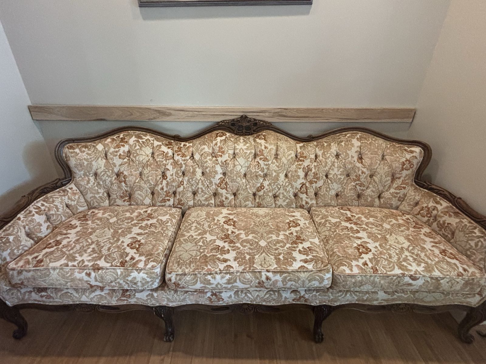 Vintage Floral Sofa/Couch - Ornate Carved Wood Frame, Tufted Back, Excellent Condition