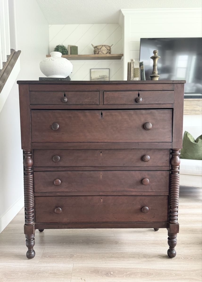 ABSOLUTELY STUNNING | Large | Primitive Antique | Mahogany | Empire Dresser | Chest of Drawers | Carved Details Aged Wood Patia