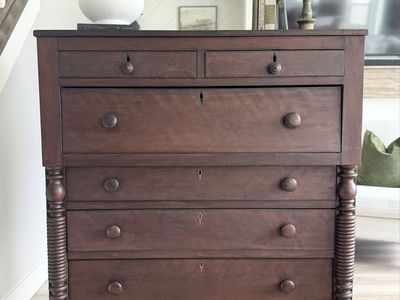 ABSOLUTELY STUNNING | Large | Primitive Antique | Mahogany | Empire Dresser | Chest of Drawers | Carved Details Aged Wood Patia