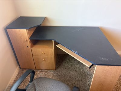 Corner Computer Desk with Keyboard Tray and Storage - Wood Grain & Dark Top
