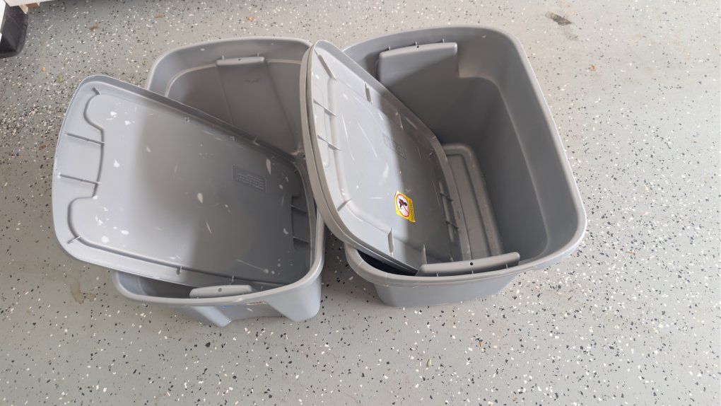 Five- 18 Gal. / 68 L Gray Storage Totes with Lids - Set of 2