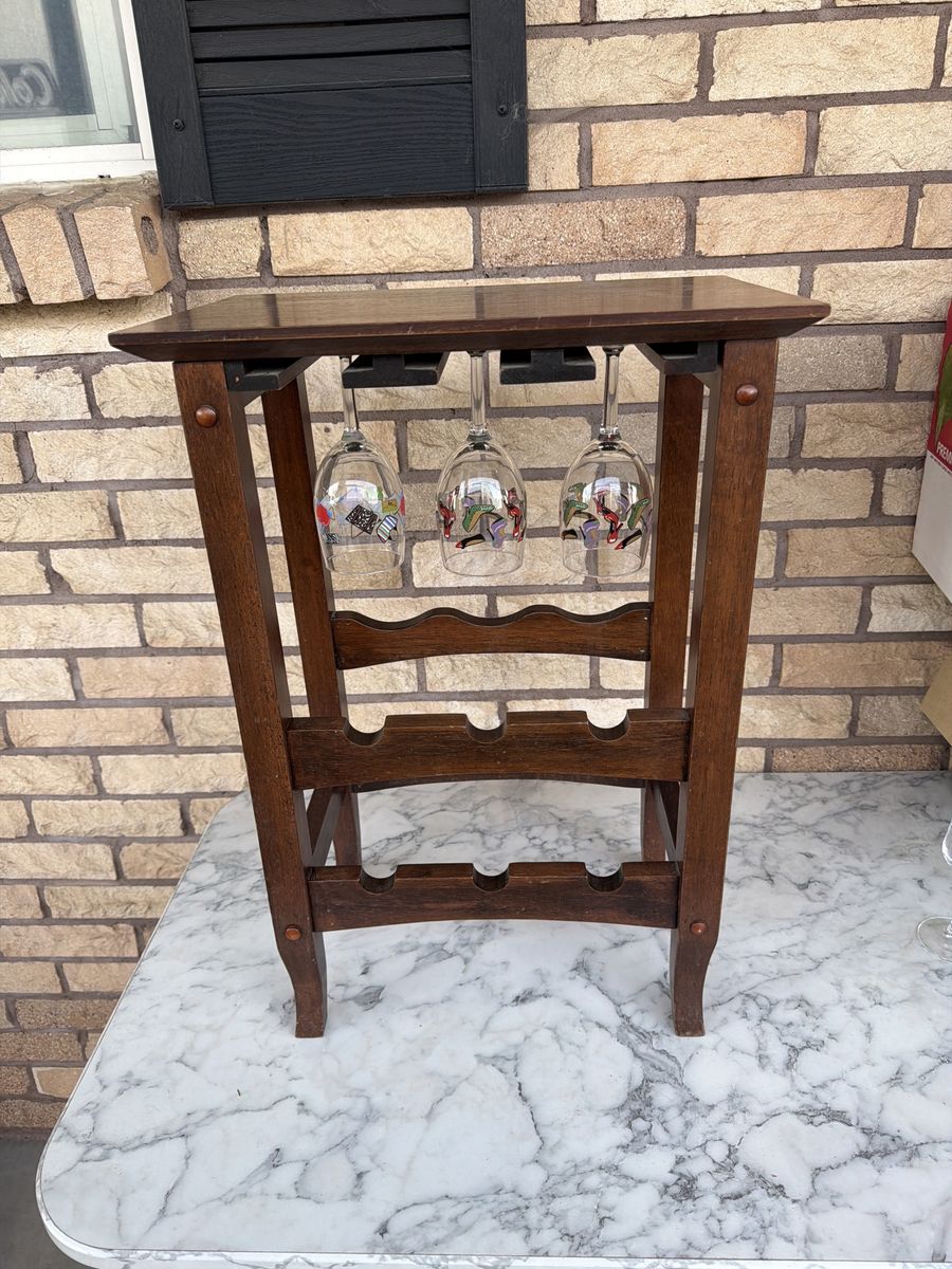 Wooden Wine Rack Table with Glass Holders - Dark Wood Finish