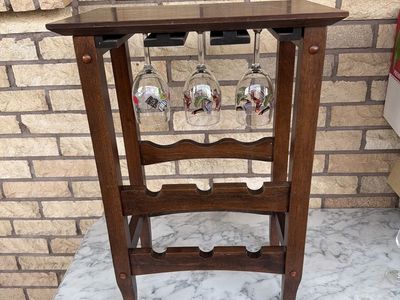 Wooden Wine Rack Table with Glass Holders - Dark Wood Finish