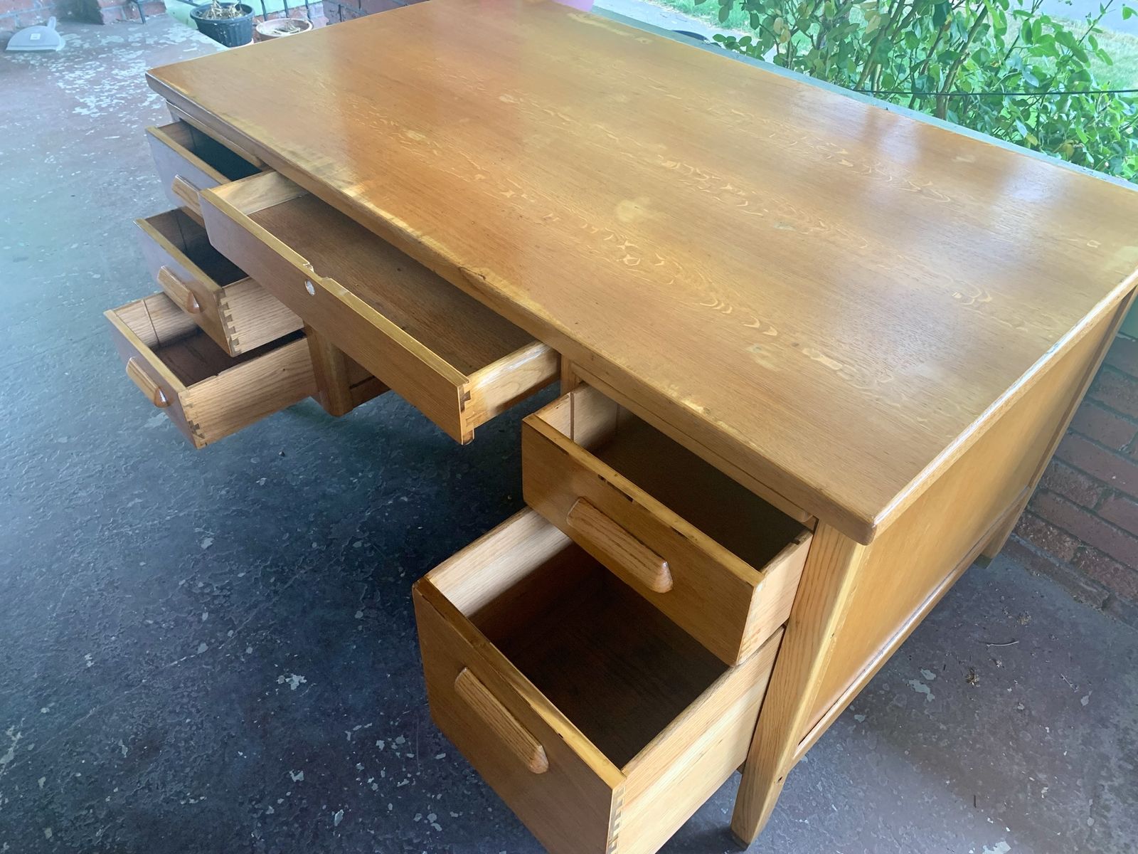 1956 Solid Oak Teacher's Desk - Vintage Wood Office Furniture with Multiple Drawers