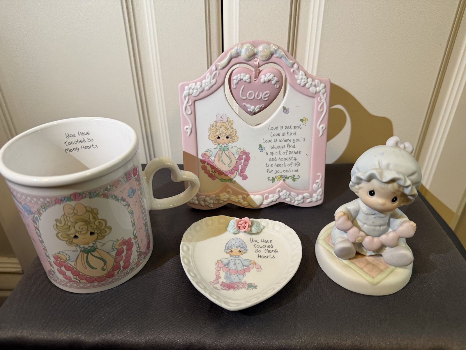 Precious Moments Lot - Mug, Plaque, Trinket Dish, and Figurine