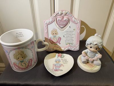 Precious Moments Lot - Mug, Plaque, Trinket Dish, and Figurine