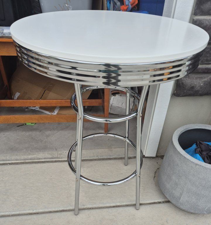 Retro Chrome & White Round Bar Table - High-Top Pub Table for Kitchen/Game Room