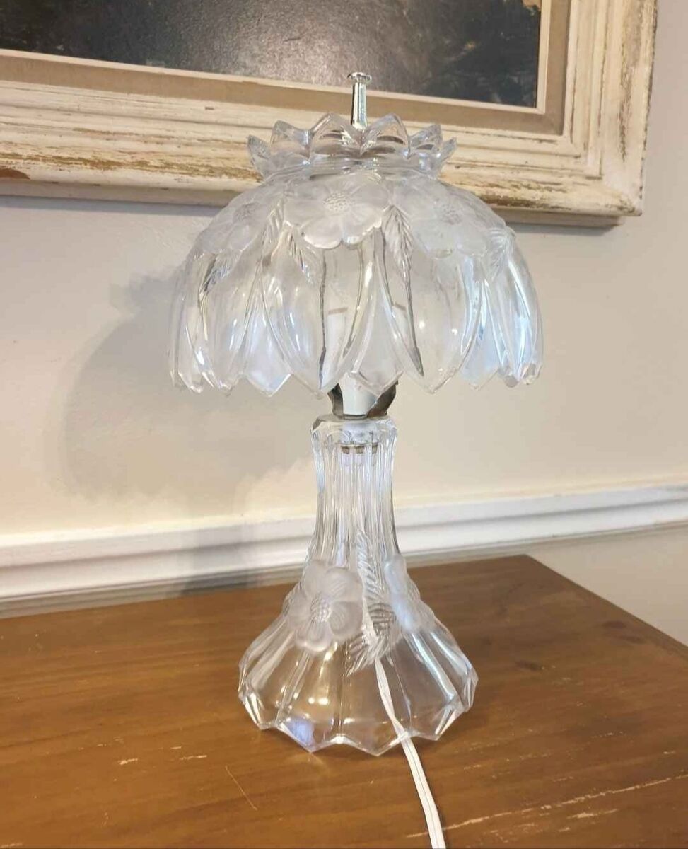 Vintage Etched Cut Crystal Boudoir Lamp