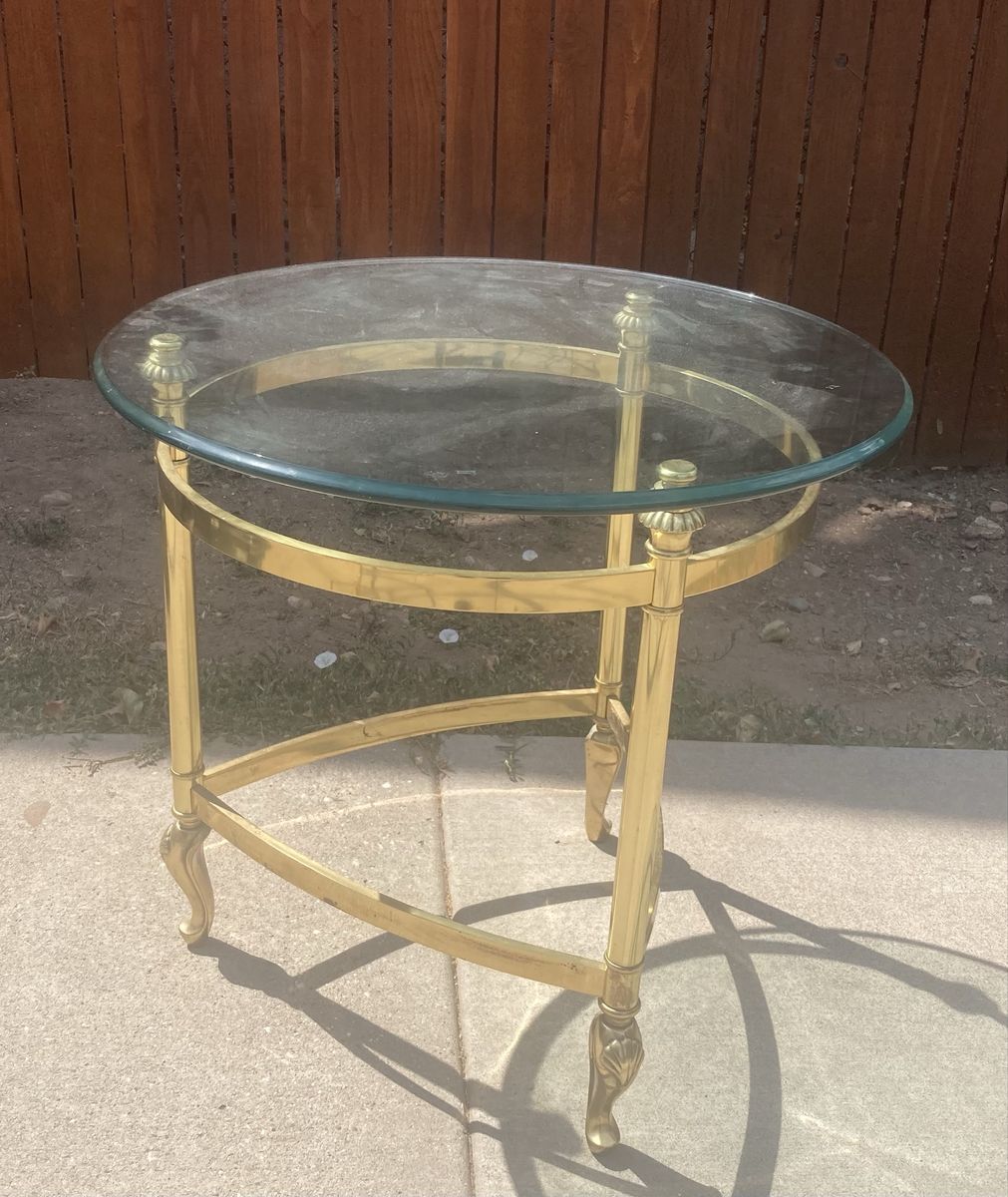1980’s Vintage Brass & Glass Oval Side Table, Two-Tiered Accent Table with Ornate Legs