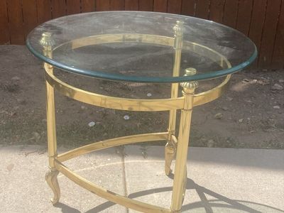 1980’s Vintage Brass & Glass Oval Side Table, Two-Tiered Accent Table with Ornate Legs