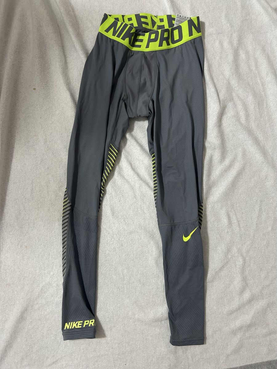 Nike Pro Men's Gray Compression Pants Size M with Fluorescent Yellow Accents - Excellent Condition