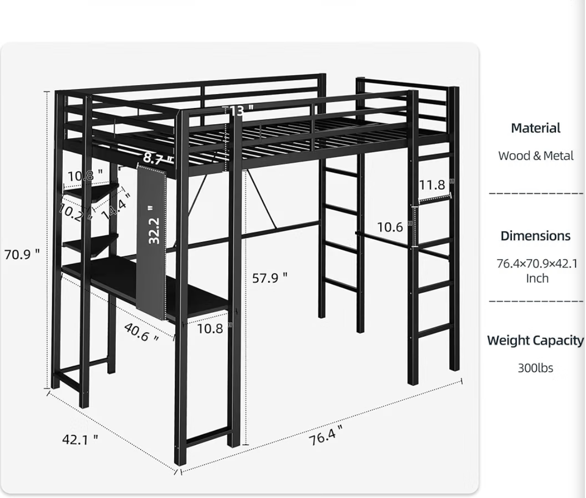 SUNLEI Twin Metal Loft Bed Frame