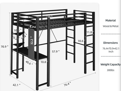SUNLEI Twin Metal Loft Bed Frame