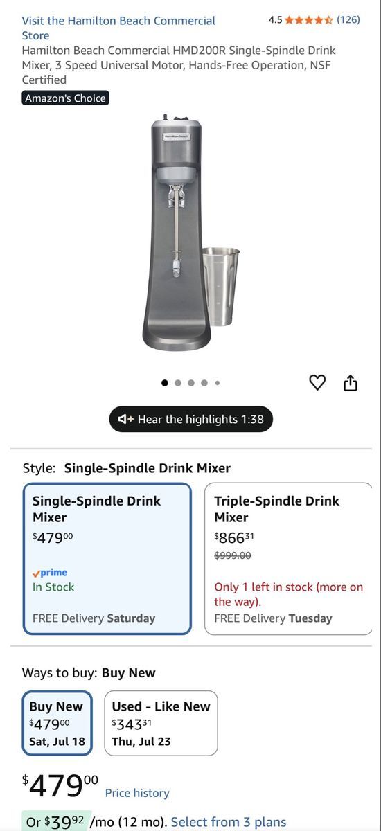 Hamilton Beach Commercial HMD200R Single-Spindle Drink Mixer 3-Speed w/ Universal Motor