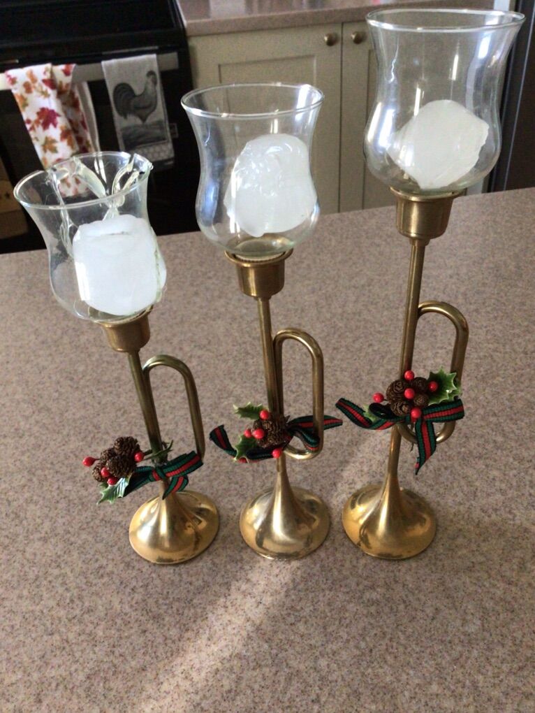 Three Brass Bugle Candleholders