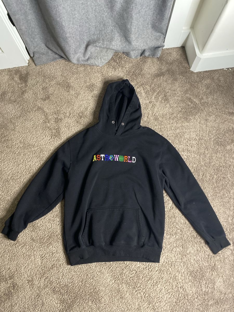 Travis Scott Astroworld Festival Black Hoodie - Size M, Multicolor Logo, Kangaroo Pocket/used my brother to me sitting in room