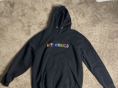 Travis Scott Astroworld Festival Black Hoodie - Size M, Multicolor Logo, Kangaroo Pocket/used my brother to me sitting in room