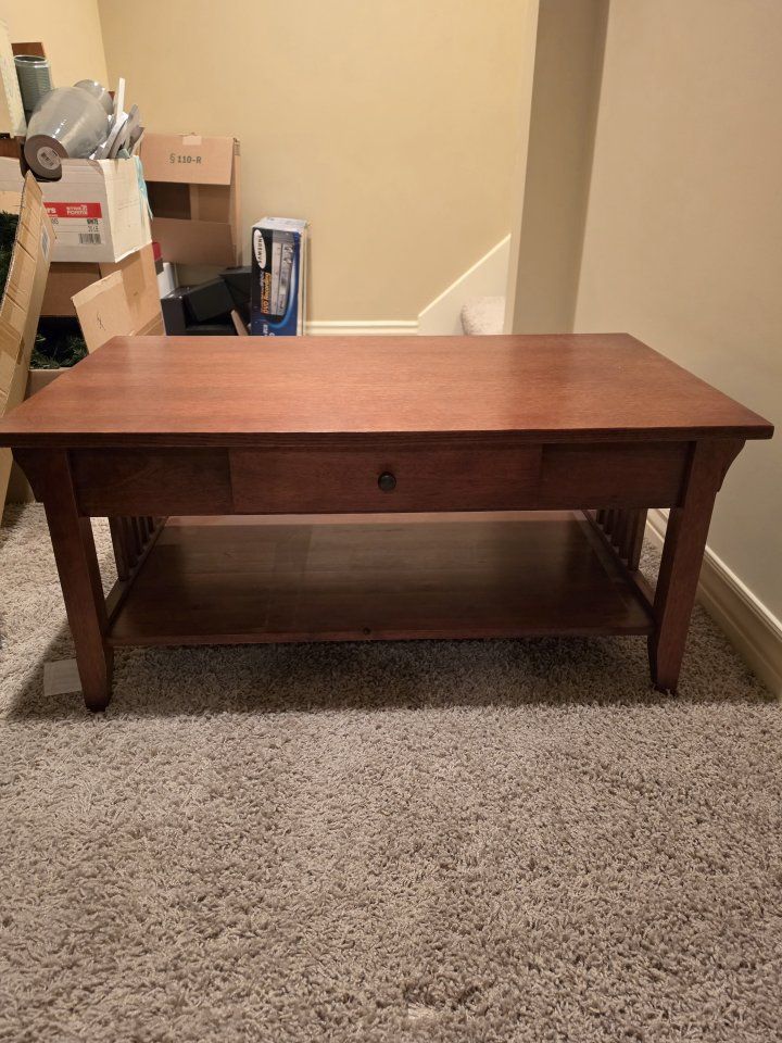 Wooden Mission Style Coffee Table with Drawer and Bottom Shelf