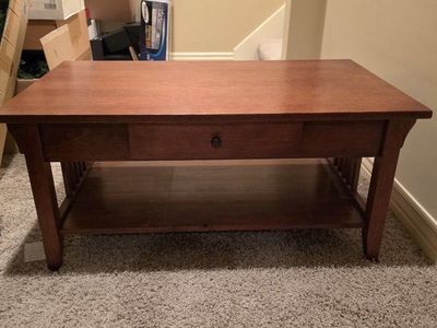 Wooden Mission Style Coffee Table with Drawer and Bottom Shelf