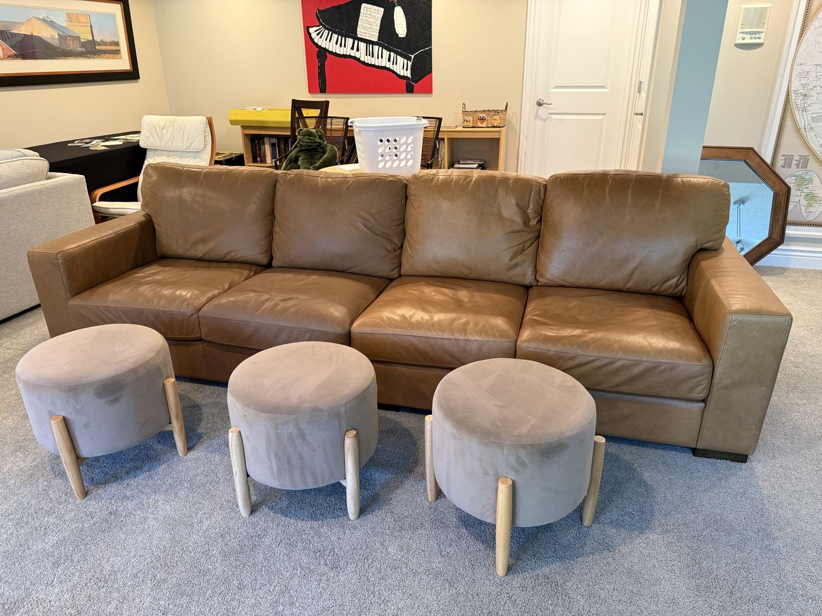 Downeast Home - 4 Seater - Brown Leather Sofa - 3 Ottomans