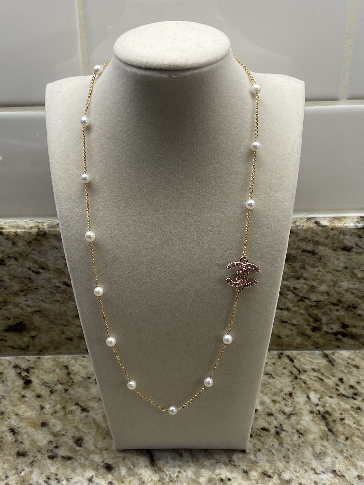 Handmade Genuine White Pearl W/ Pink Rhinestone Charm Necklace