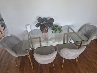 55" glass table w 4 velvet chairs