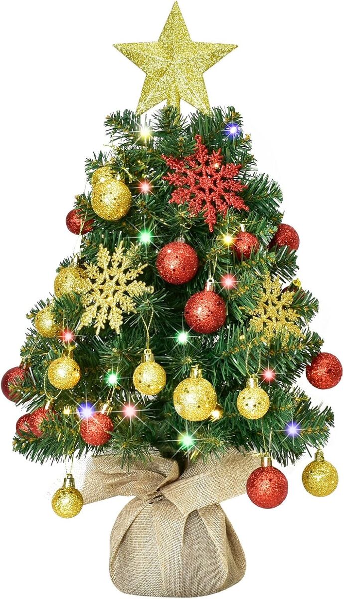 HOYECHI 24" Mini Christmas Tree - Small Tabletop Artificial Xmas Tree with Lights - Green & Gold