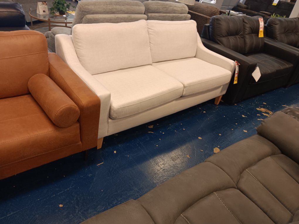 Modern Beige Upholstered Sofa with Tapered Wooden Legs