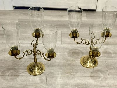 Antique Vintage MCM High End Brass Hollywood Regency Style Three Arm Candelabra Pair