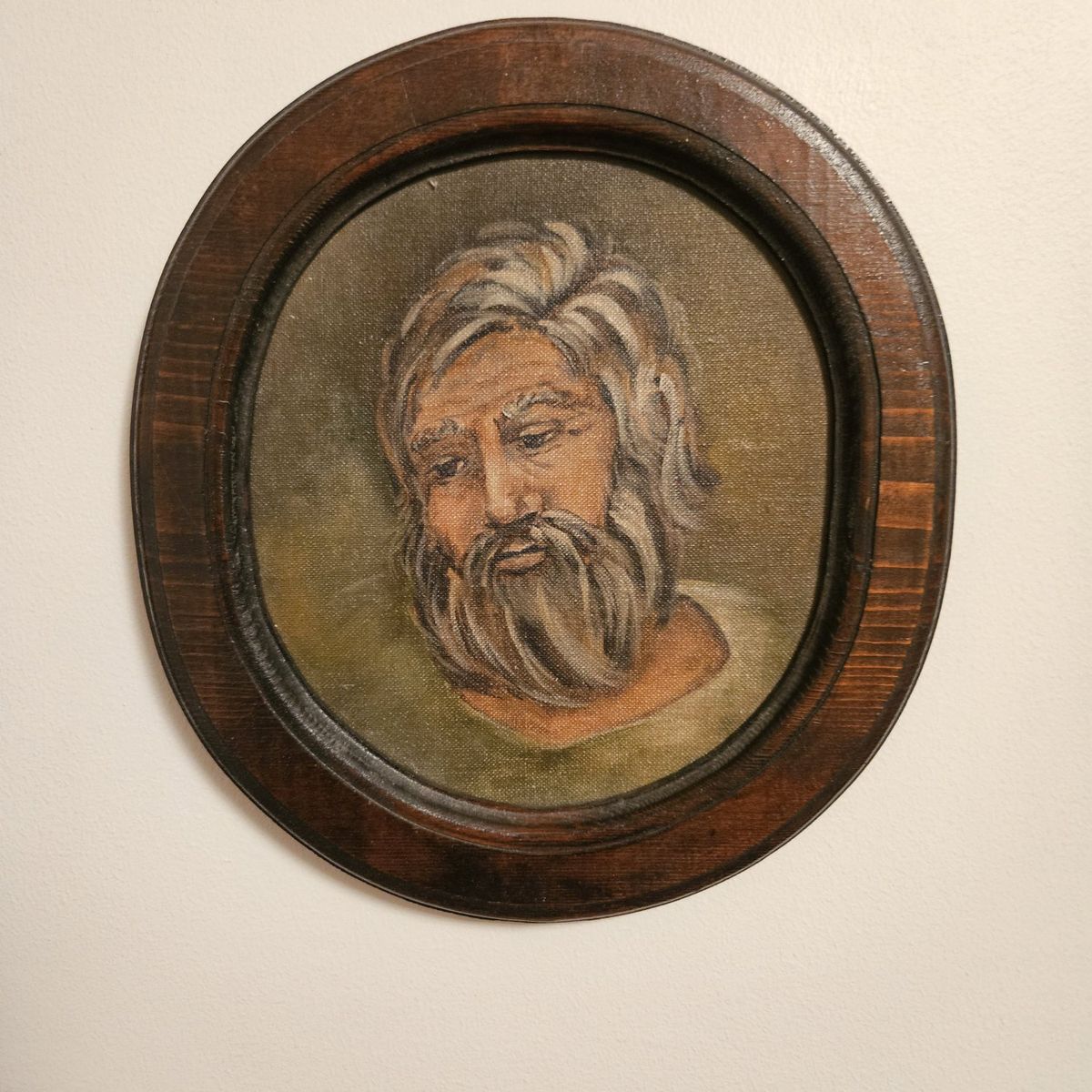 Oil painting of old man, wood frame, antique