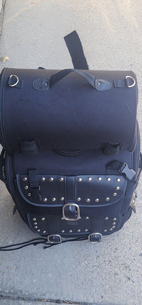 Black Studded Motorcycle Sissy Bar Bag & Roll Bag Set - Durable Storage for Rides