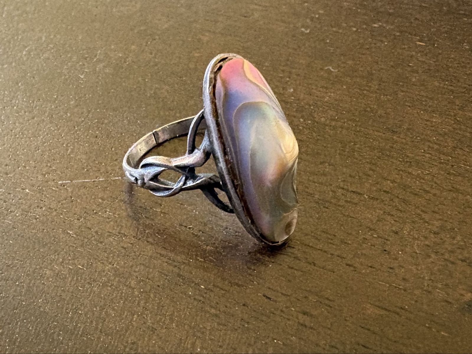 Tiny Sterling Silver Ring W/ Large Oval Abalone