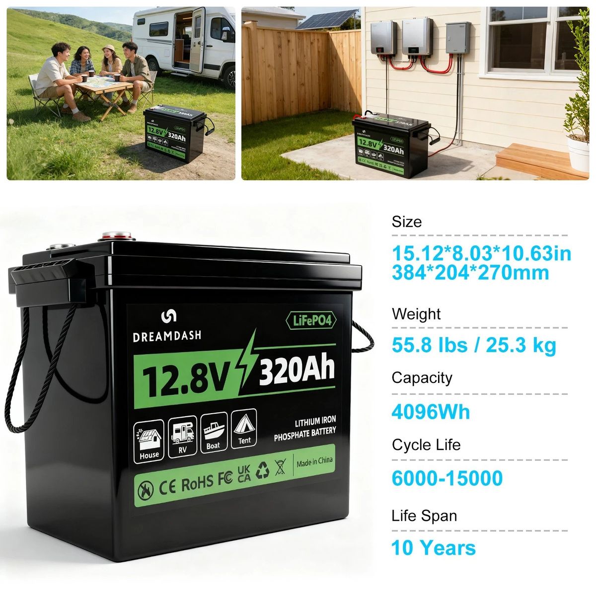 12V 320Ah LiFePO4 Battery Lithium Rechargeable with Bluetooth 200A BMS, Brand New still in the box