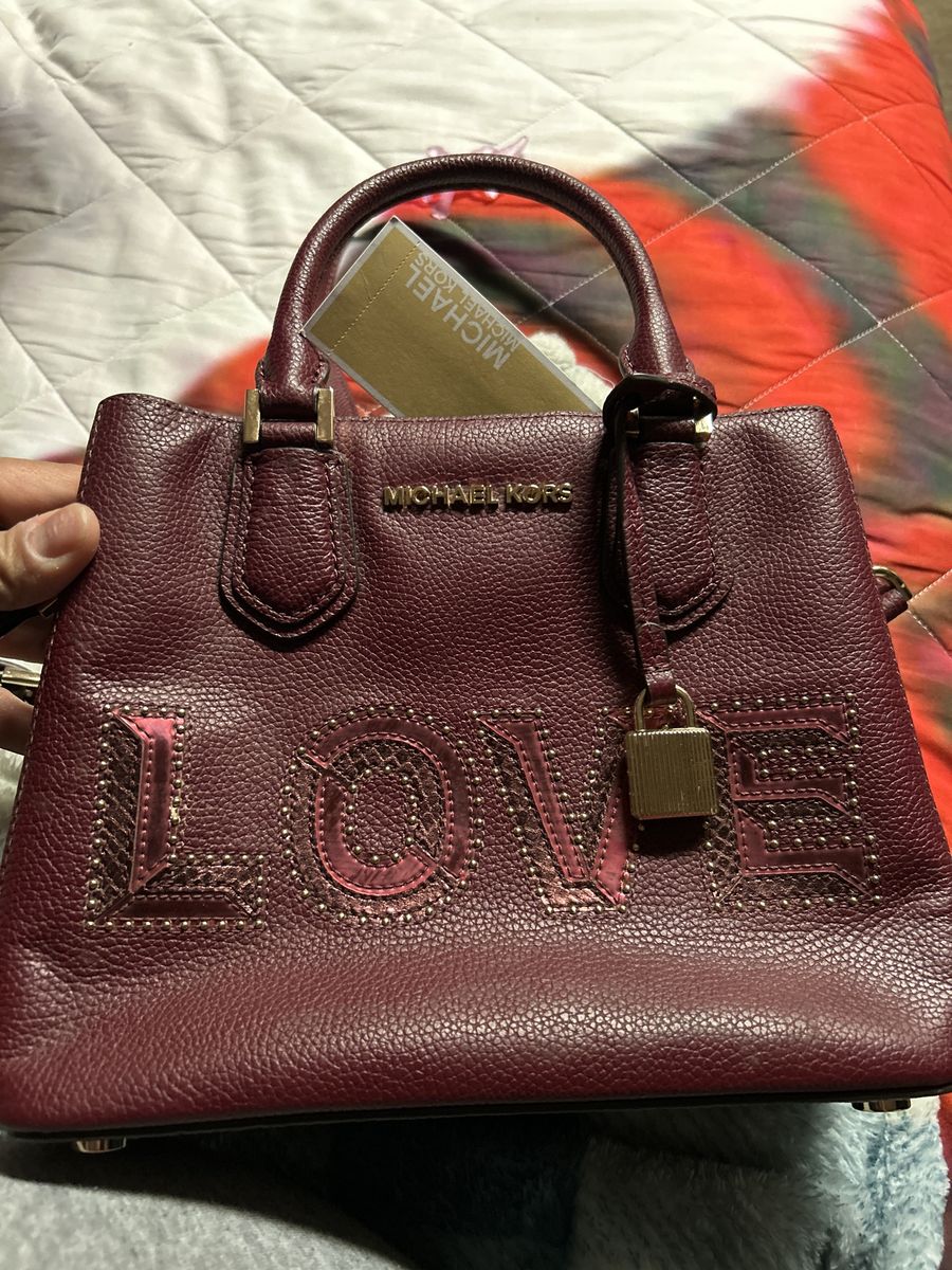 Michael Kors Adele MD Messenger Bag in Merlot Leather - "LOVE" Embellished Handbag New with Tags