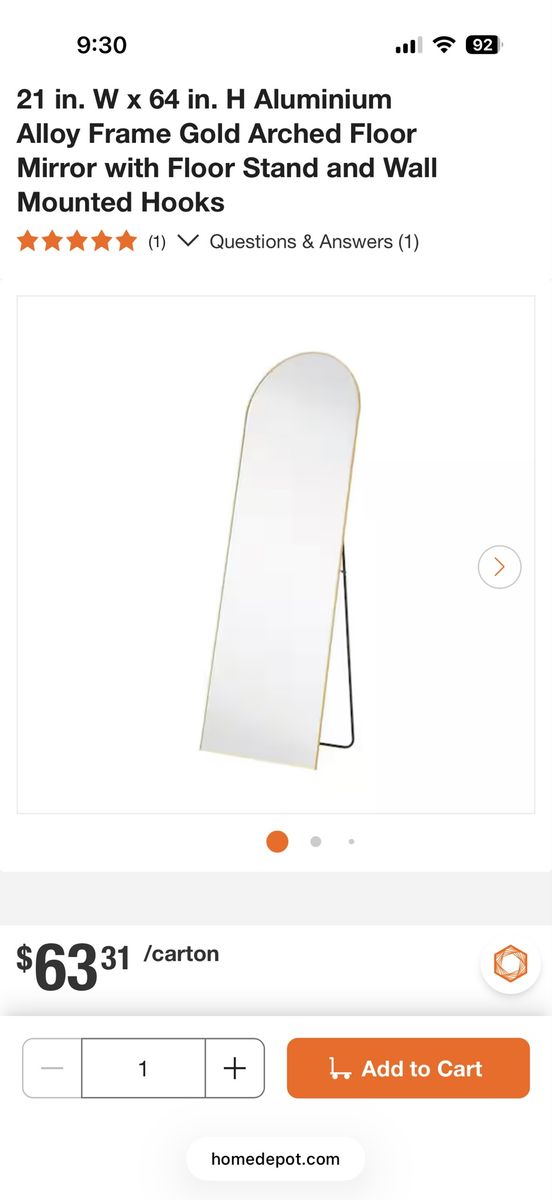 Standing mirror 21”x64”