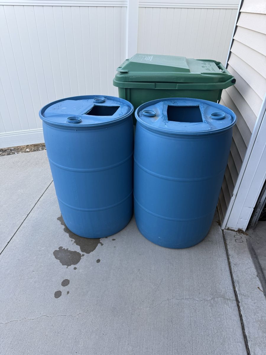 Blue Plastic 55-Gallon Water Barrels with Top Cutouts - Set of 2