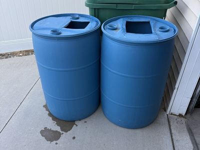 Blue Plastic 55-Gallon Water Barrels with Top Cutouts - Set of 2